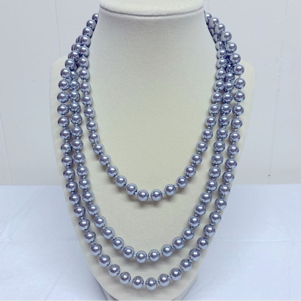 Gray Knotted Glass Bead Necklace 30” Faux Pearls Vintage Gorgeous